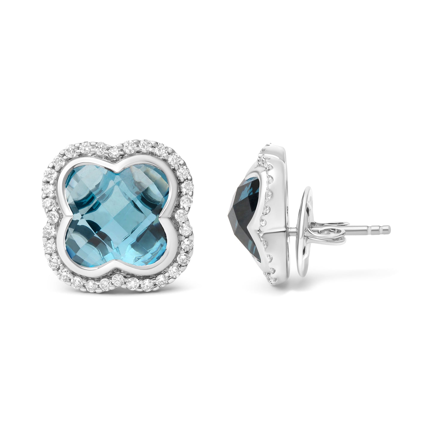 Pendientes de botón con halo de trébol de oro blanco de 18 quilates con diamante de 3/8 quilates y topacio azul Londres talla trébol de 11x11 mm (color G-H, claridad SI1-SI2)
