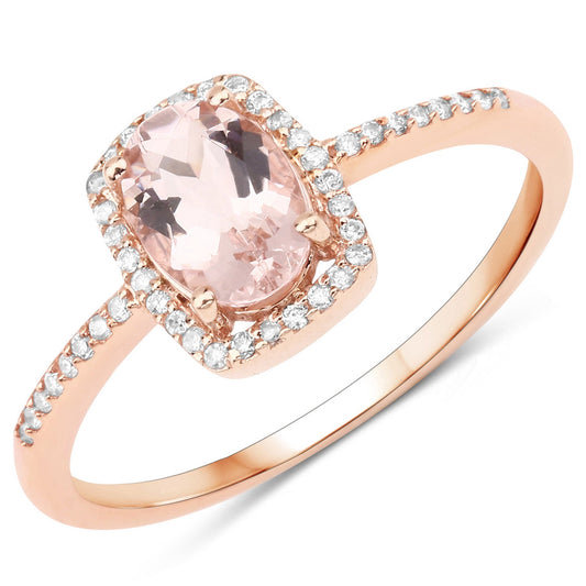 Anillo de Oro Rosa de 14K con Morganita Genuina de 0.82 Quilates y Diamantes Blancos