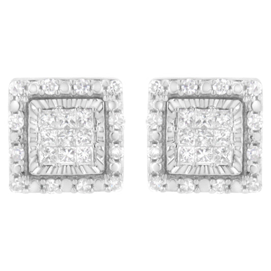 Pendiente de tuerca cuadrado de oro blanco de 10K con 1/2 quilate total invisible engastado de diamantes talla princesa (color I-J, claridad I1-I2)