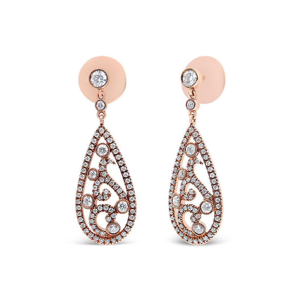 Pendientes de botón colgantes con forma de lágrima y rosca de oro rosa de 18K con diamantes de 1 1/4 Cttw (color F-G, claridad VS1-VS2)