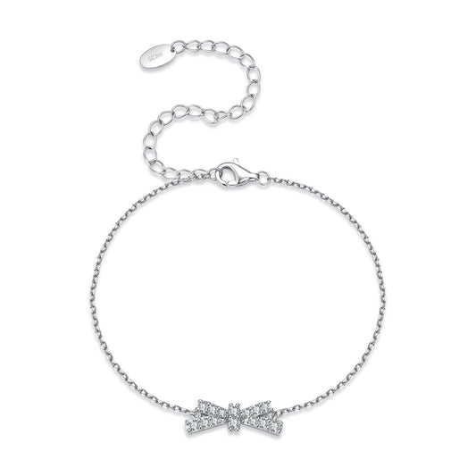 925 Sterling Silver White Gold Plated Moissanite Bow-Knot 15+6cm Bracelet for Women