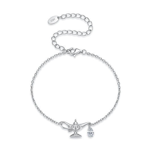 925 Sterling Silver White Gold Plated CZ Pavé 15+6cm Chain 1.0x1.7cm Pendant Bracelet for Women