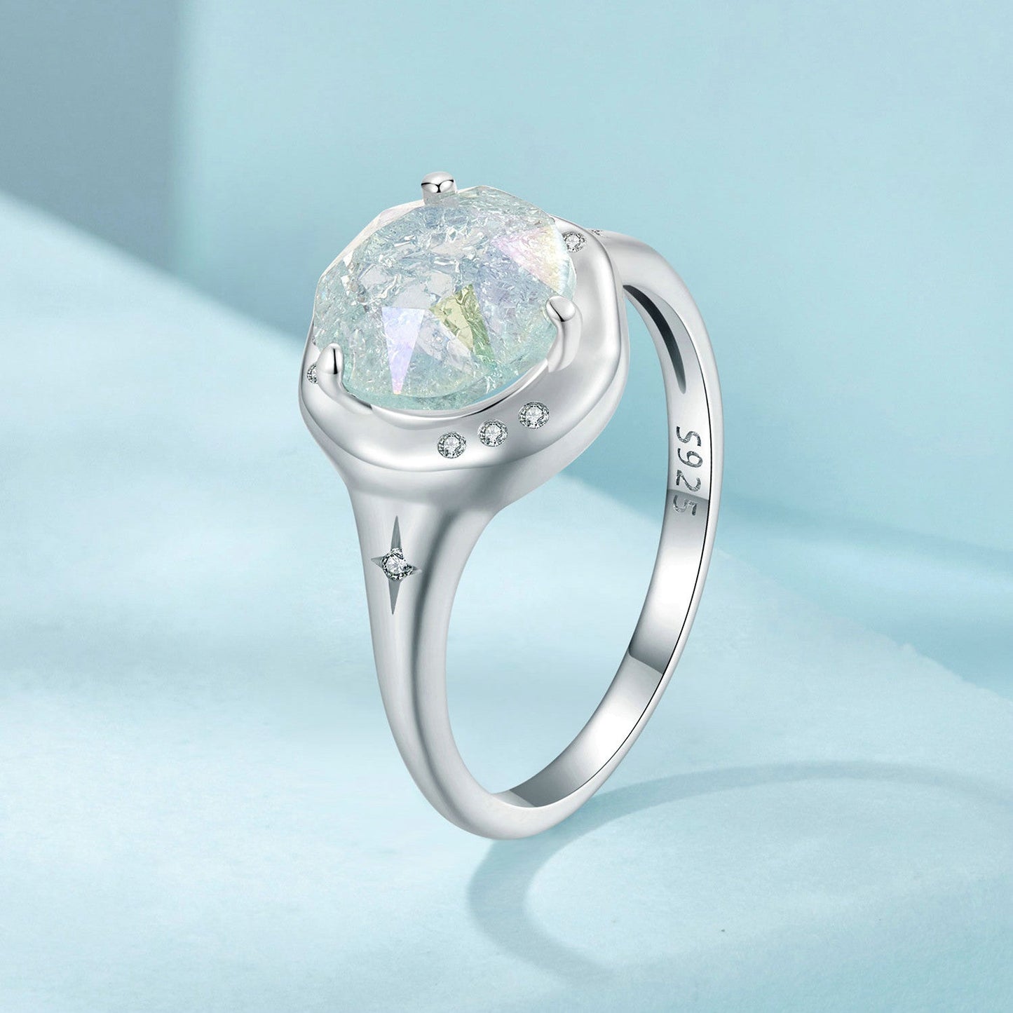 925 Sterling Silver Ring Size 6.0 with 11mm CZ & Transparent Glass for Women
