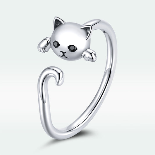 925 Sterling Silver Oxidized Cat Ring with CZ for Women, 0.6x1cm