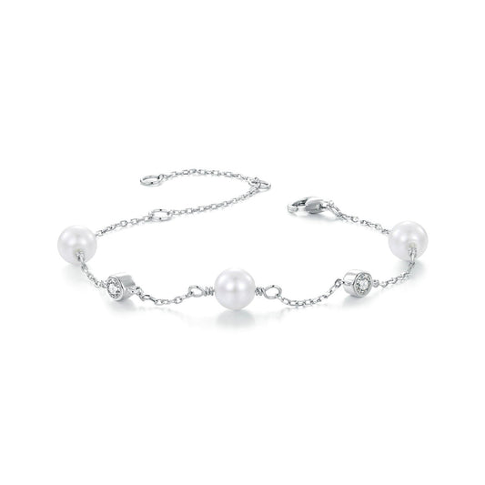 925 Sterling Silver 3mm Moissanite & Shell Pearl Bracelet for Women