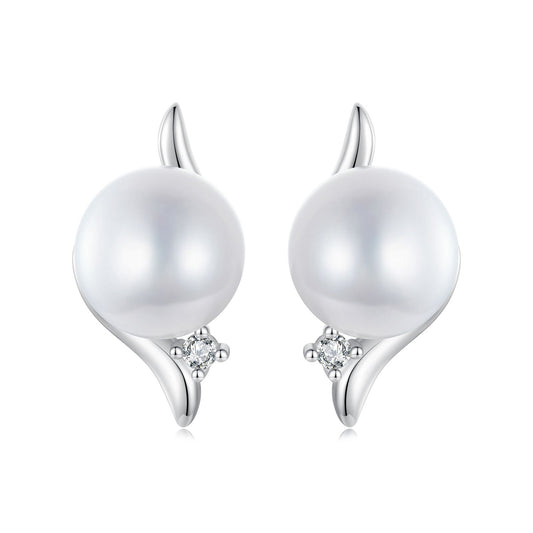 925 Sterling Silver Natural Pearl & CZ Earrings Plated in Platinum