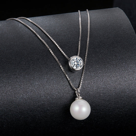 925 Sterling Silver Moissanite & Quality Shell Pearl Necklace for Women - 40+5cm, White Gold Plated
