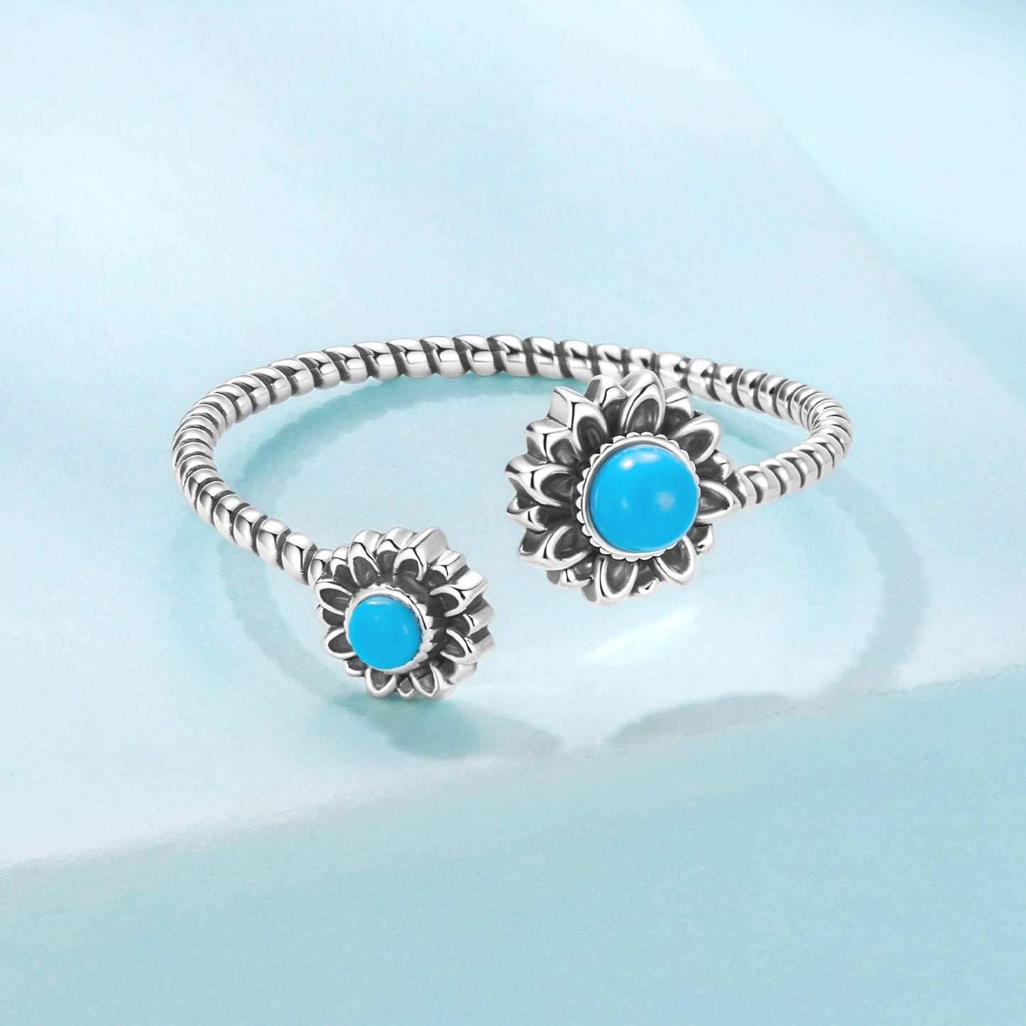 925 Sterling Silver Synthetic Turquoise Ring for Women - Oxidized Silver, Width: 0.12cm, Size: 0.5-0.7cm