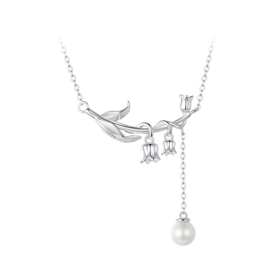 925 Sterling Silver Necklace with Quality Shell Pearl & Platinum Plating, 380mm Length for Women