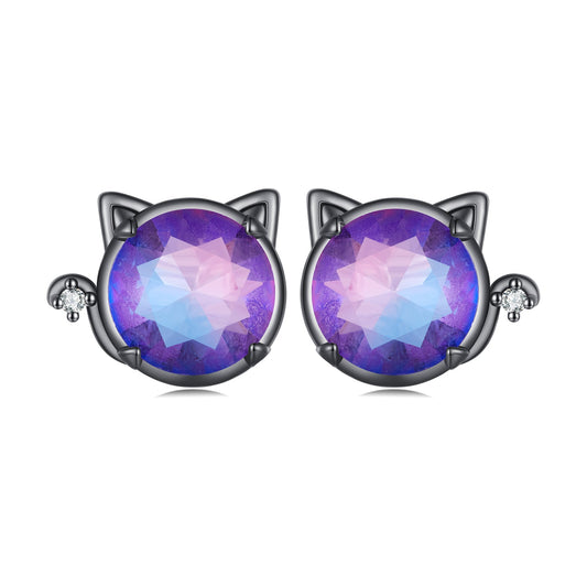 925 Sterling Silver Earrings with Pavé CZ and Transparent Glass in Black Gold, 1.0*1.2cm, for Women