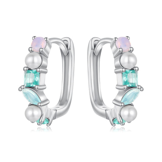 925 Sterling Silver Earrings with Nano Opal, Shell Pearl and Glass, 1.4cm for Women - view 2