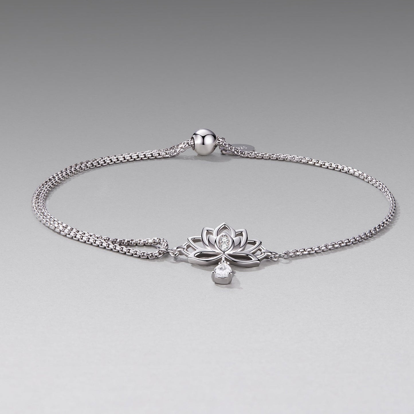 925 Sterling Silver Adjustable Chain Bracelet with White Gold Plating and CZ for Women