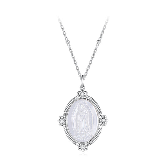 925 Sterling Silver Necklace with White Gold Plating, 40+5cm Length, CZ & Mother of Pearl Pendant for Women