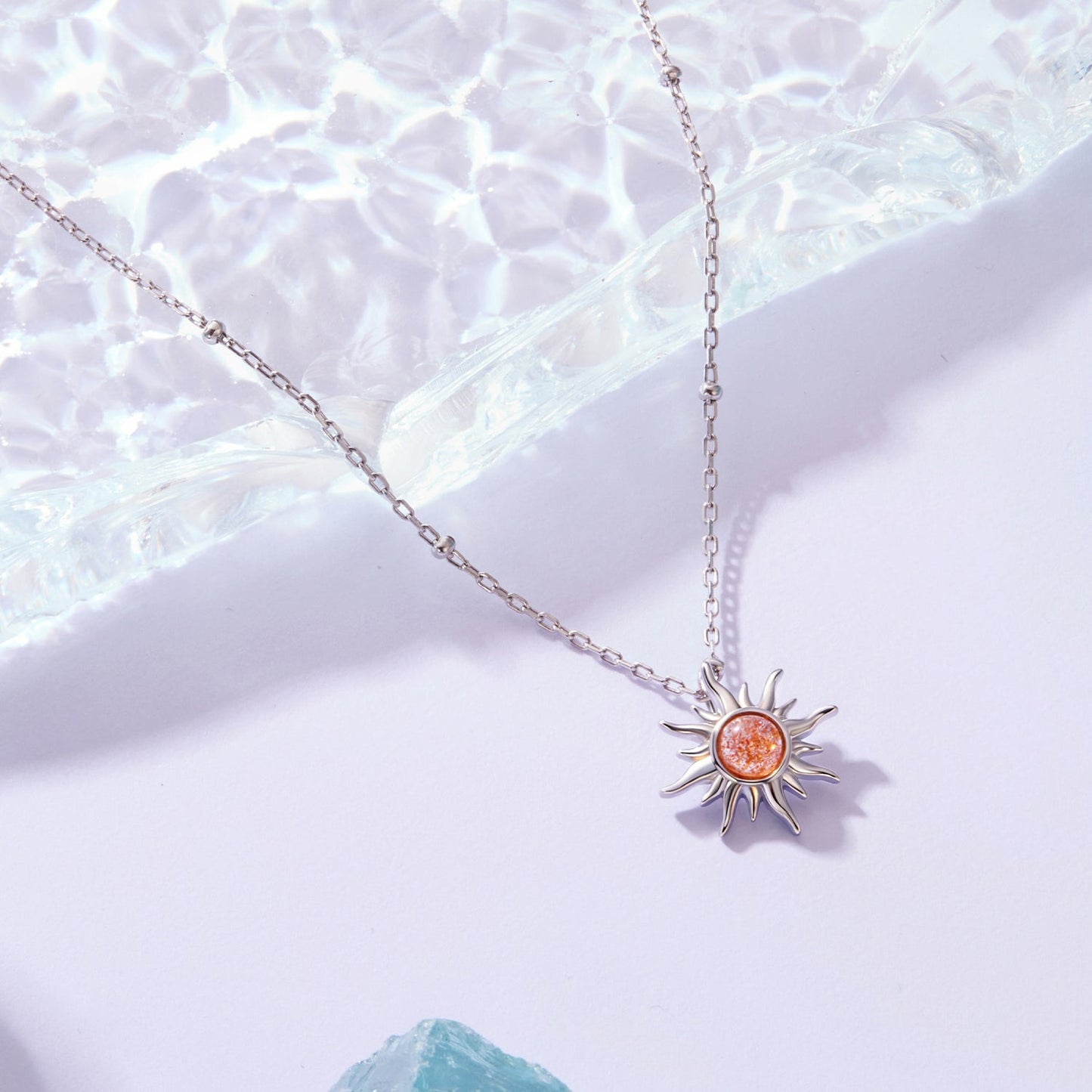 925 Sterling Silver Necklace with Natural Golden Sunstone, 40+5cm, Plated White Gold for Women
