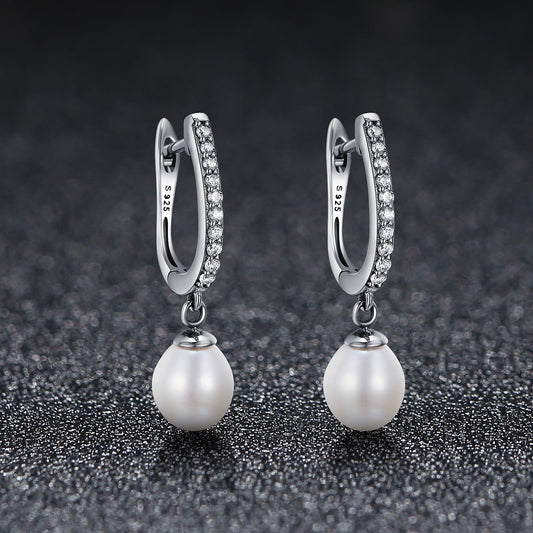 925 Sterling Silver Freshwater Pearl Earrings with Pavé Setting CZ for Women