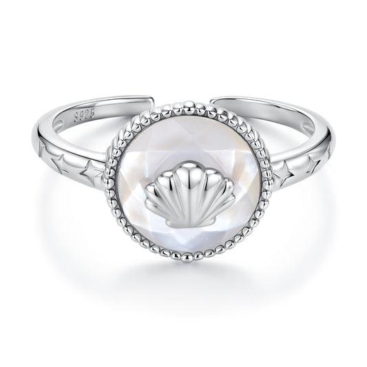 925 Sterling Silver White Gold-Plated Ring with Nacre Pendant - Style E for Women