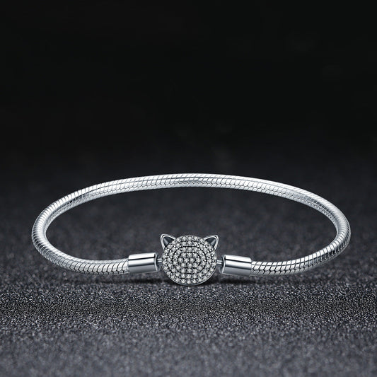 925 Sterling Silver Bracelet with Cat Head Charm, 17cm for Women