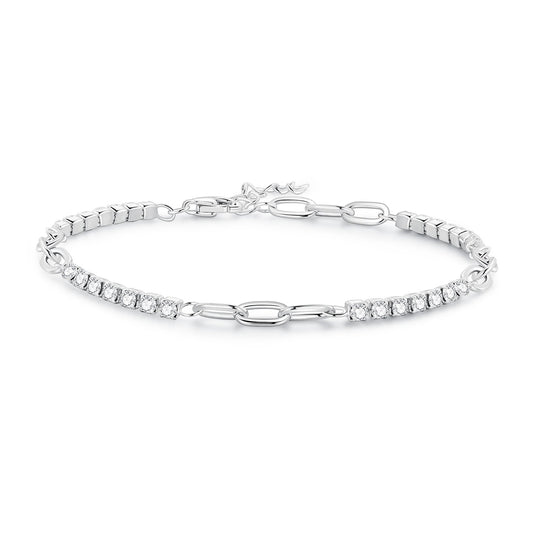 925 Sterling Silver Bracelet with Pavé Setting CZ, Platinum Plated, 14.5+3cm, for Women