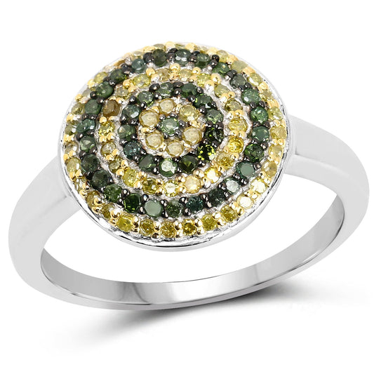 Anillo de Plata Fina .925 con Diamante Verde y Diamante Amarillo Genuinos de 0.39 Quilates