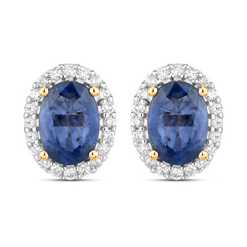 Pendientes de oro amarillo de 14 quilates con zafiro azul genuino de 2,16 quilates y diamantes blancos