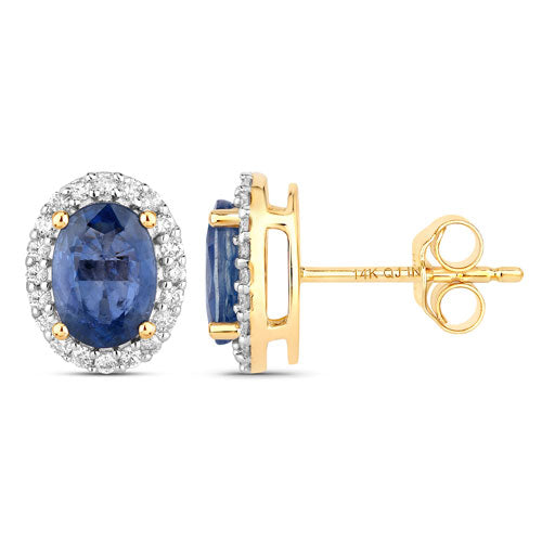 Pendientes de oro amarillo de 14 quilates con zafiro azul genuino de 2,16 quilates y diamantes blancos