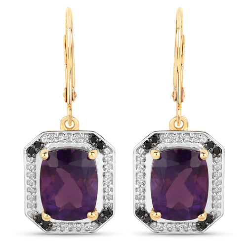 5.56 Carat Genuine Amethyst, Black Diamond and White Topaz .925 Sterling Silver Earrings - view 2