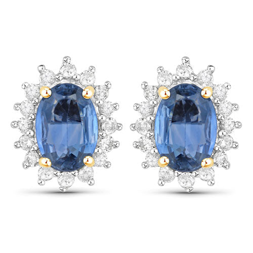 Pendientes de oro amarillo de 14 quilates con zafiro azul auténtico de 2,22 quilates y diamantes blancos
