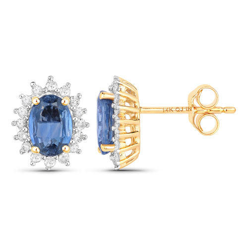 Pendientes de oro amarillo de 14 quilates con zafiro azul auténtico de 2,22 quilates y diamantes blancos
