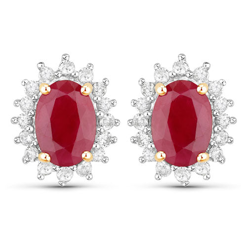 Pendientes de oro amarillo de 14 quilates con rubí auténtico de 2,02 quilates y diamantes blancos