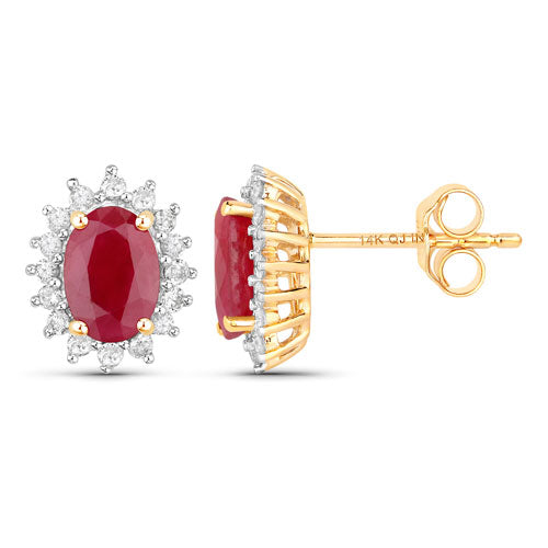 Pendientes de oro amarillo de 14 quilates con rubí auténtico de 2,02 quilates y diamantes blancos