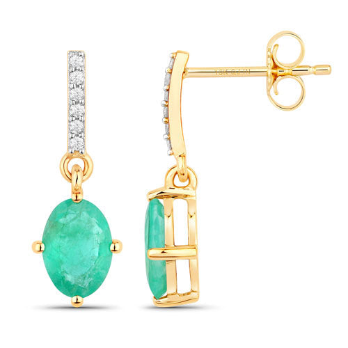 Pendientes de oro amarillo de 10K con esmeralda zambiana auténtica de 1,49 quilates y diamantes blancos