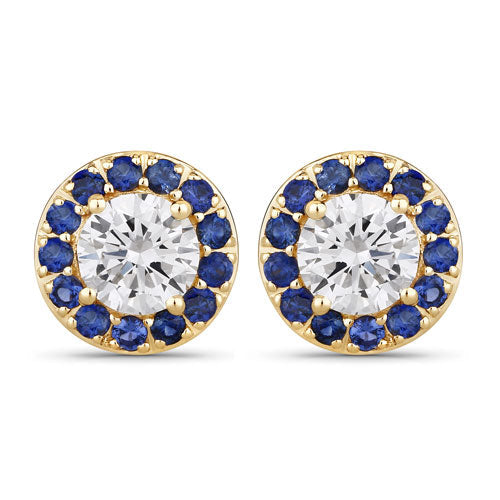 Pendientes de oro amarillo de 14 quilates con zafiro azul natural de 1.52 quilates y diamantes creados en laboratorio