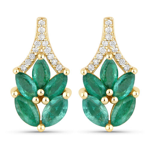 Pendientes de oro amarillo de 14 quilates con esmeraldas auténticas de Zambia de 0,91 quilates y diamantes blancos