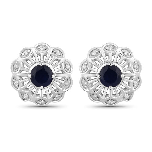 Pendientes de oro blanco de 14 quilates con zafiros azules genuinos de 0.60 quilates y diamantes blancos