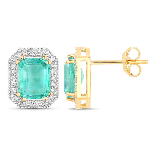 Pendientes de oro amarillo de 14 quilates con esmeralda etíope genuina de 2,99 quilates y diamantes blancos