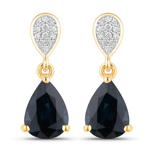 Pendientes de oro amarillo de 10 quilates con zafiro azul genuino de 2,76 quilates y diamantes blancos