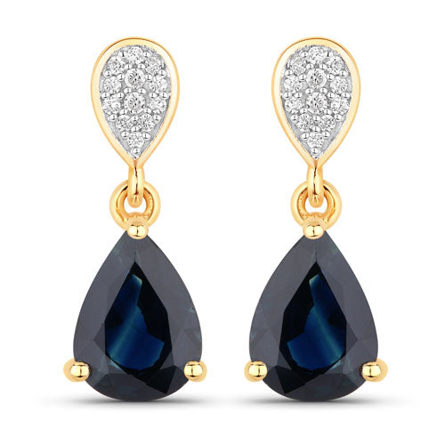 Pendientes de oro amarillo de 14K con zafiro azul genuino de 2.76 quilates y diamantes blancos