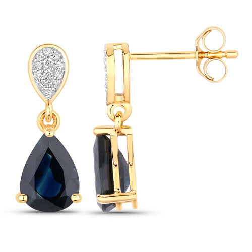 Pendientes de oro amarillo de 14K con zafiro azul genuino de 2.76 quilates y diamantes blancos
