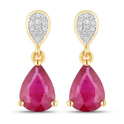 Pendientes de oro amarillo de 14 quilates con rubí genuino de 2,46 quilates y diamantes blancos