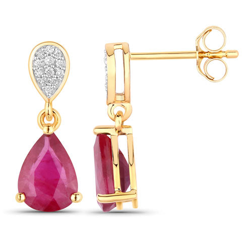 Pendientes de oro amarillo de 14 quilates con rubí genuino de 2,46 quilates y diamantes blancos