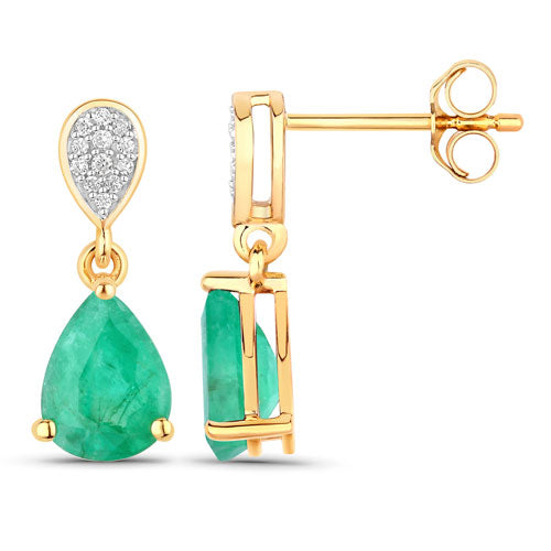 Aretes de oro amarillo de 14 quilates con esmeraldas genuinas de Zambia de 2,28 quilates y diamantes blancos