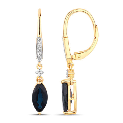 Pendientes de oro amarillo de 14 quilates con zafiro azul genuino de 2,73 quilates y diamantes blancos