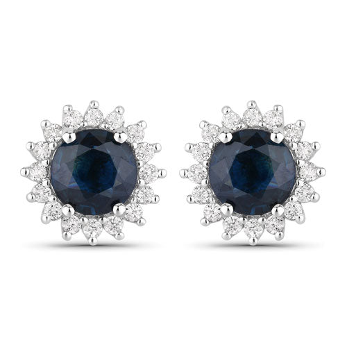 Pendientes de oro blanco de 14 quilates con zafiro azul genuino de 2,38 quilates y diamantes blancos