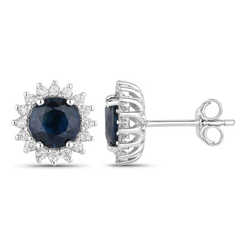 Pendientes de oro blanco de 14 quilates con zafiro azul genuino de 2,38 quilates y diamantes blancos
