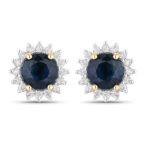 Pendientes de oro amarillo de 14 quilates con zafiro azul genuino de 2,38 quilates y diamantes blancos