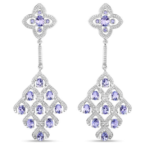 Pendientes de Plata de Ley .925 con Tanzanita Genuina de 3.90 Quilates y Topacio Blanco
