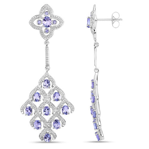 Pendientes de Plata de Ley .925 con Tanzanita Genuina de 3.90 Quilates y Topacio Blanco
