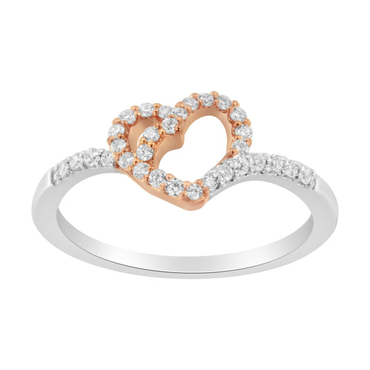 Anillo de promesa o moda con corazón abierto de dos tonos de oro rosa de 10K sobre plata de ley .925 con diamante de 1/5 Cttw (color I-J, claridad I2-I3) - Talla 6