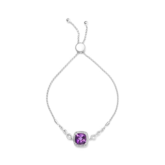 Brazalete bolo ajustable de plata de ley .925 con gema de amatista de talla cojín de 10 mm y acento de diamante de 4 a 10 pulgadas (color H-I, claridad SI1-SI2)