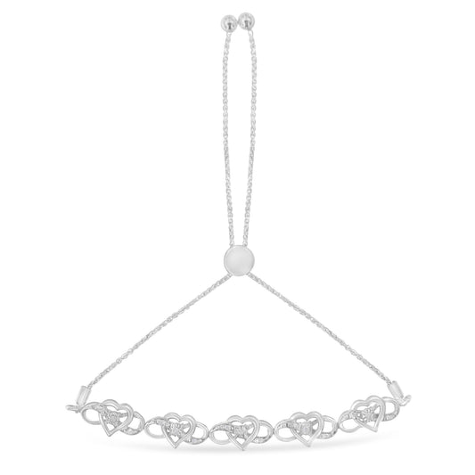 Pulsera Bolo Ajustable de Plata Esterlina .925 con Diamantes en Engaste Milagroso y Corazones Infinitos de 6"-9" (Color H-I, Claridad I2-I3)